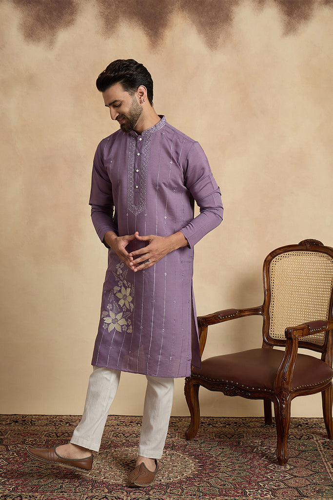 Lavender Silk Blend Solid Embroidered Kurta MKU2463