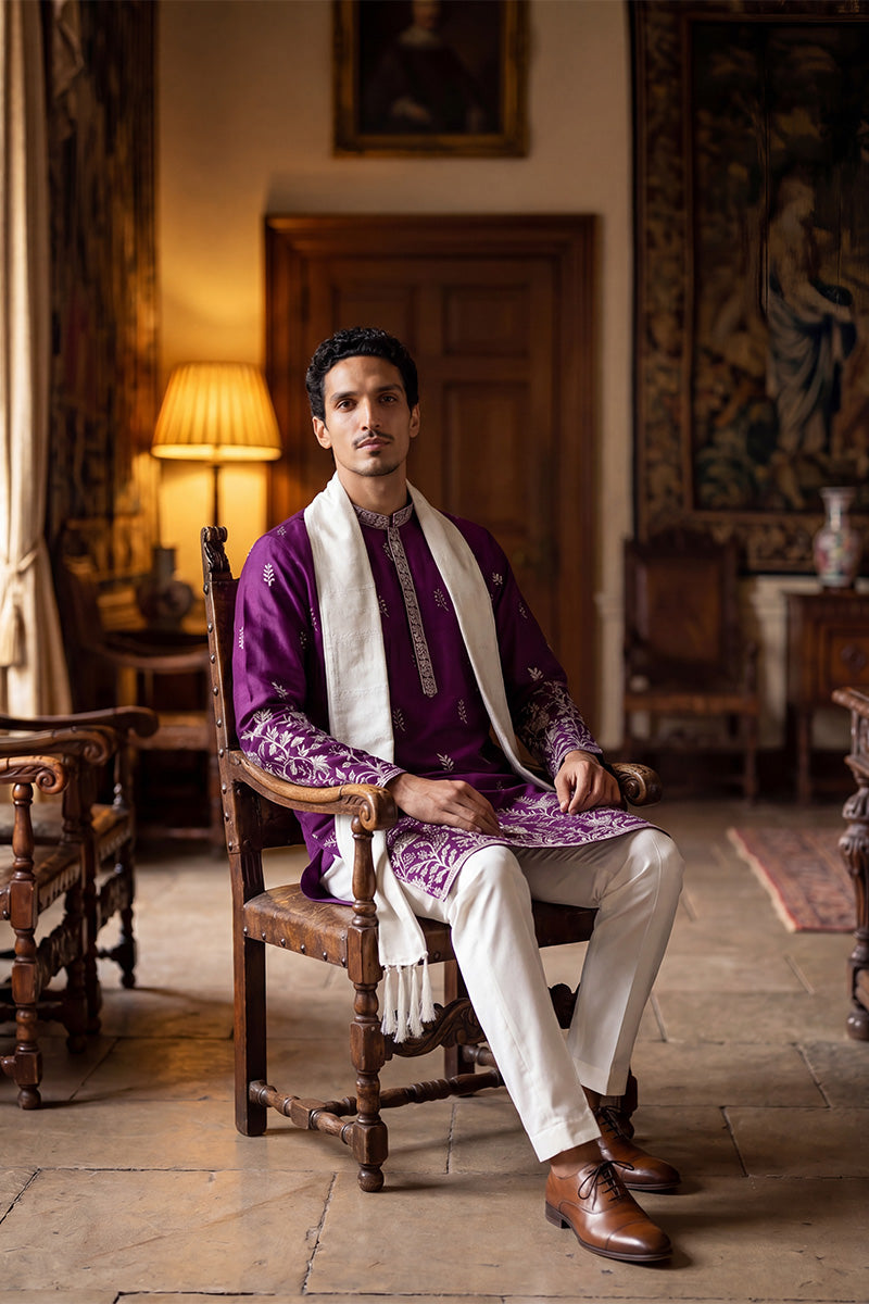 Purple Silk Blend Solid Embroidered Straight Kurta with Dupatta MKUD1944