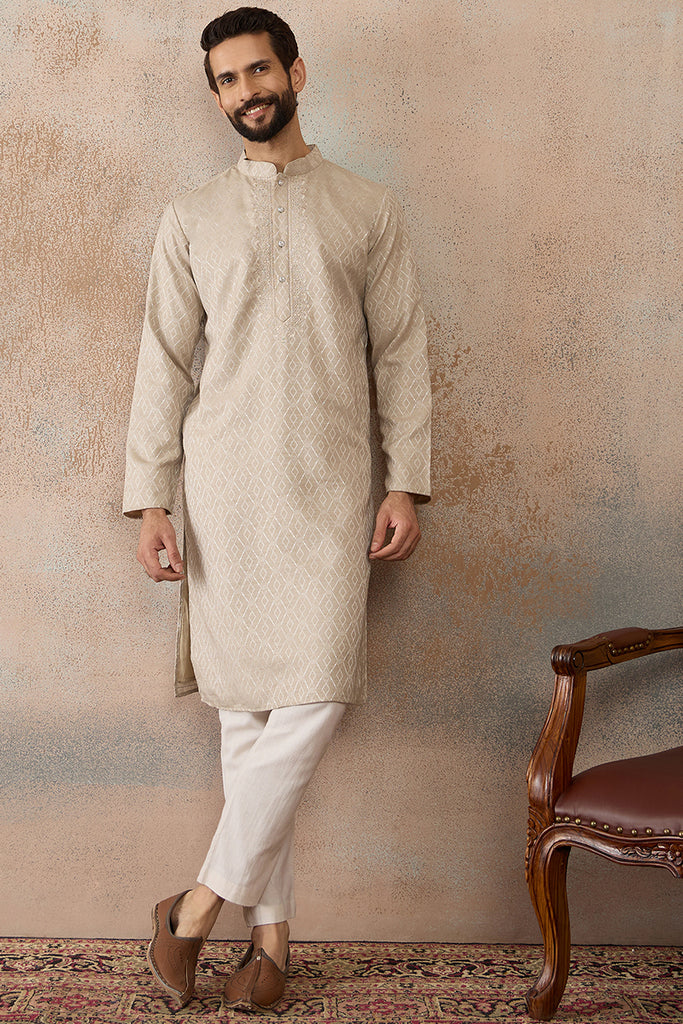 Beige Linen Blend Geometric Woven Design Kurta With Trouser MKSET2364