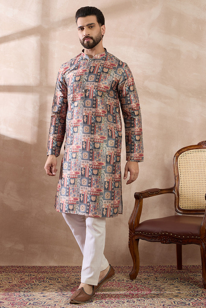 Multi Silk Blend Printed Mandarin Collar Straight Kurta With Trouser MKSET2001