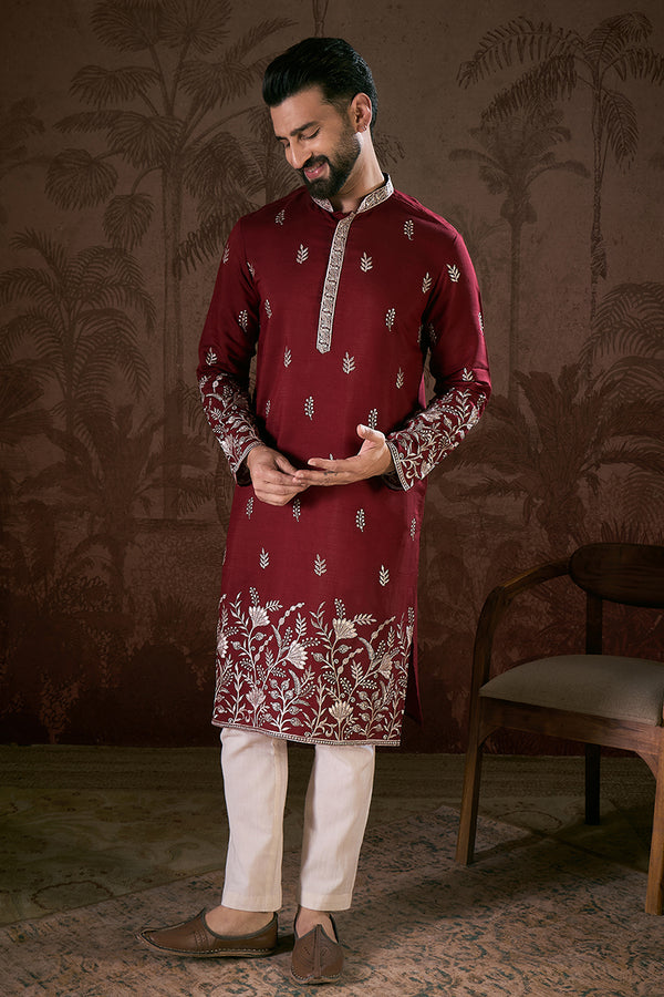 Maroon Silk Blend Solid Embroidered Straight Kurta MKU1945