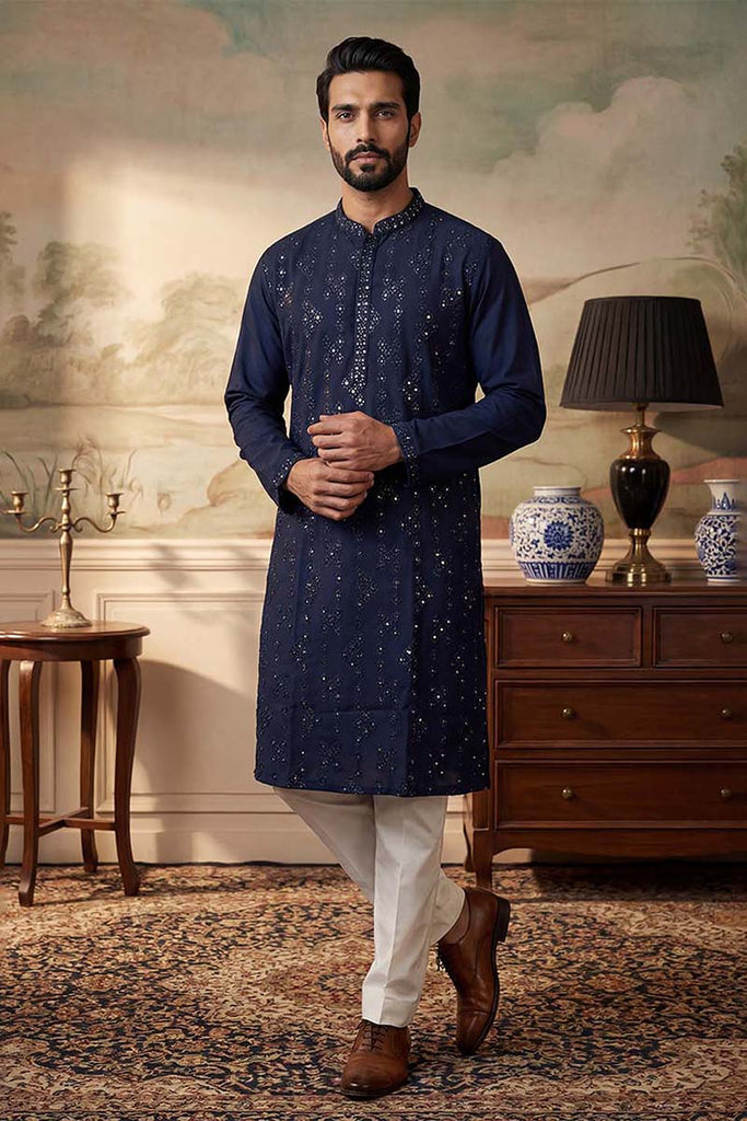 Blue Silk Blend Solid Embroidered Kurta MKU2075