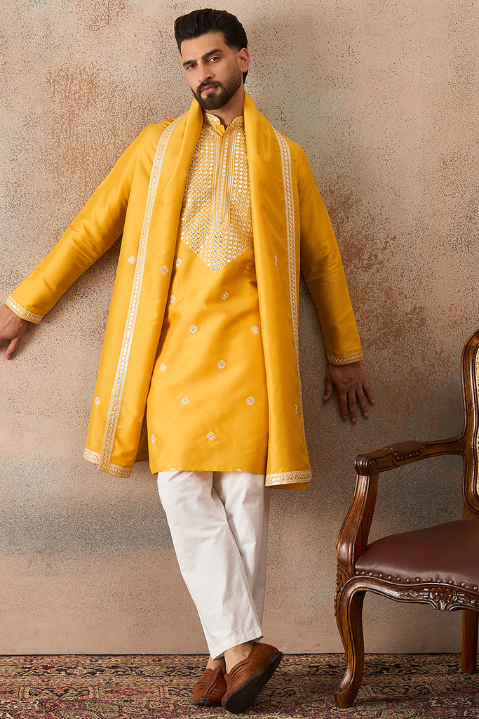 Yellow Silk Blend Solid Embroidered Kurta And Trouser With Dupatta MKPD1015