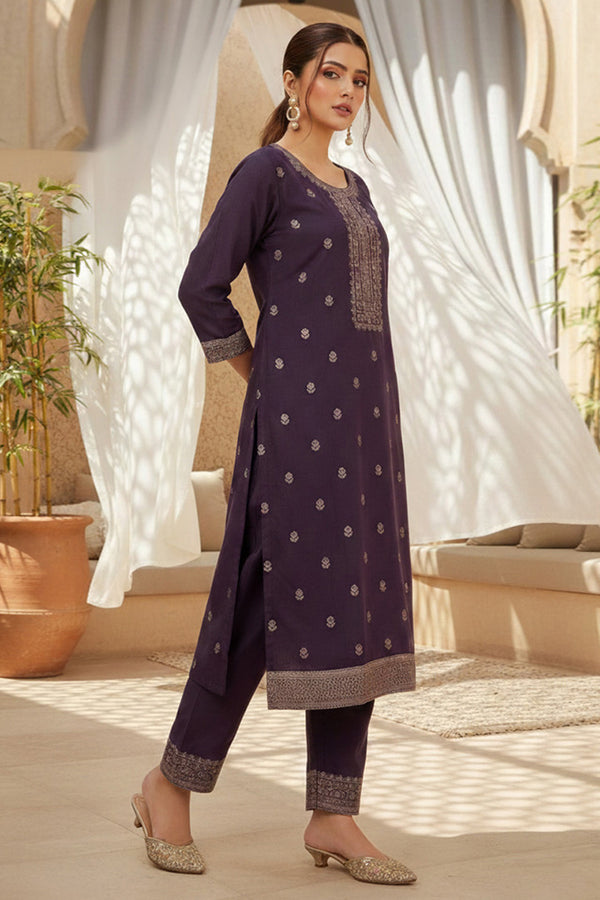 Purple Silk Blend Ethnic Motifs Stoning Straight Kurta Trouser with Dupatta SKSKD3091