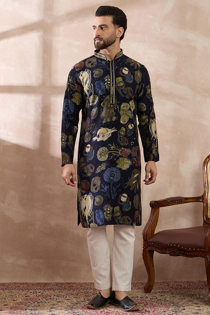 Navy Blue Silk Blend Printed Mandarin Collar Straight Kurta With Trouser MKSET1961