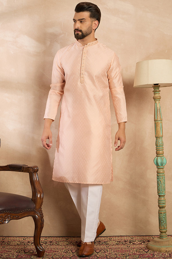 Peach Polyester Solid Embroidered Straight Kurta With Trouser MKSET1836