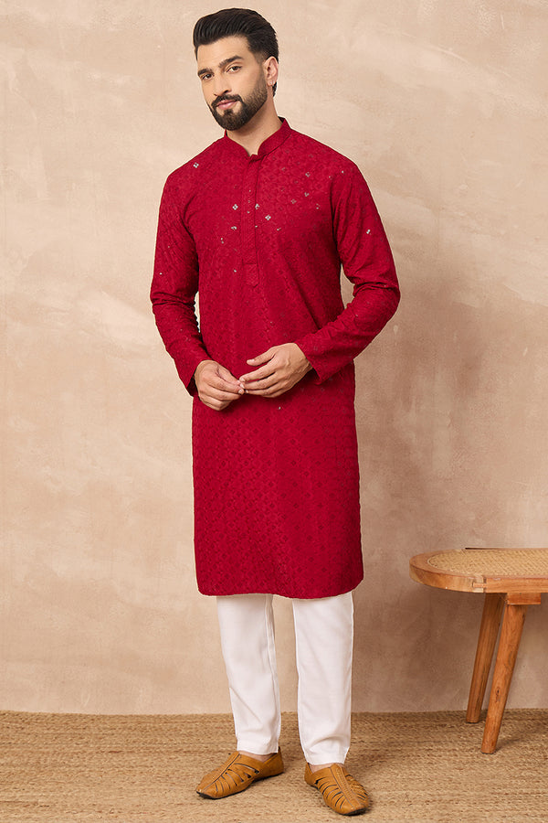 Maroon Viscose Rayon Solid Embroidered Straight Kurta MKU1226