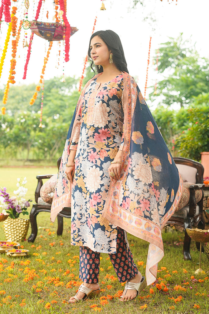 Blue Cotton Blend Floral Printed Straight Kurta Trousers With Dupatta VKSKD2415