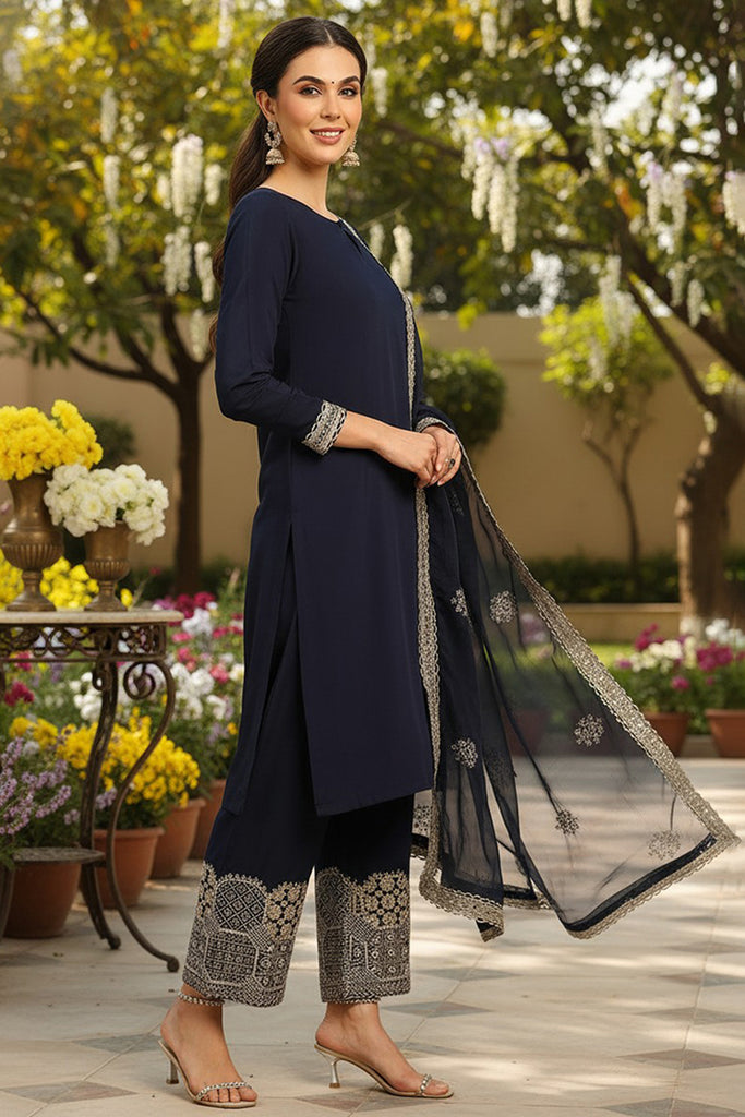 Navy Blue Silk Blend Solid Embroidered Straight Suit Set PKSKD2249