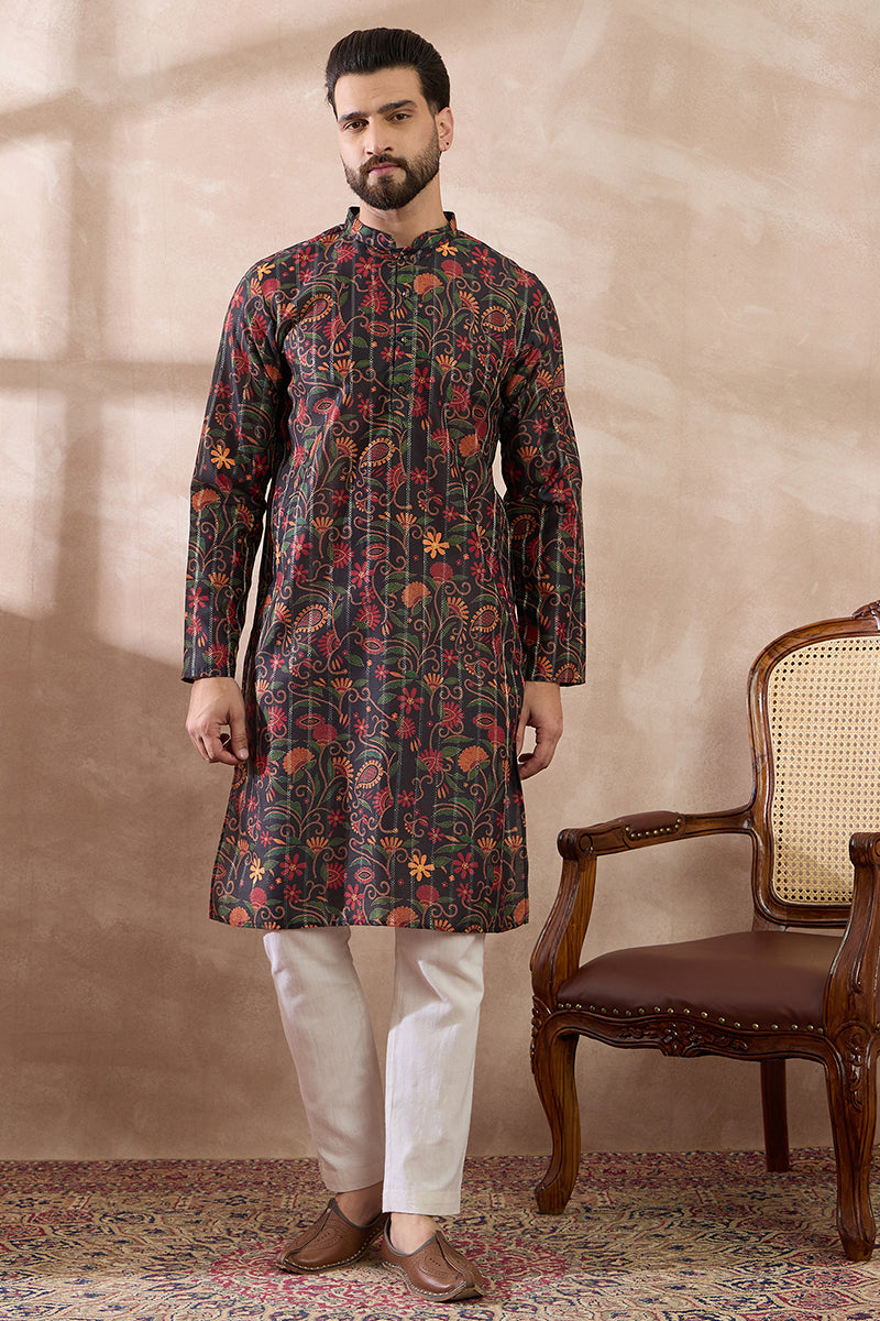 Black Silk Blend Embroidered Mandarin Collar Straight Kurta With Trouser MKSET2096