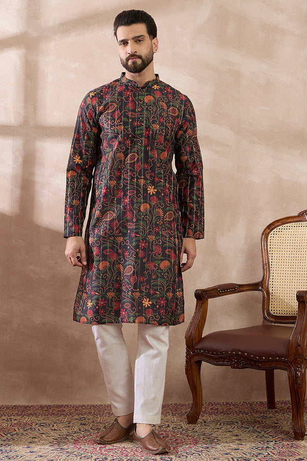 Black Silk Blend Embroidered Mandarin Collar Straight Kurta With Trouser MKSET2096