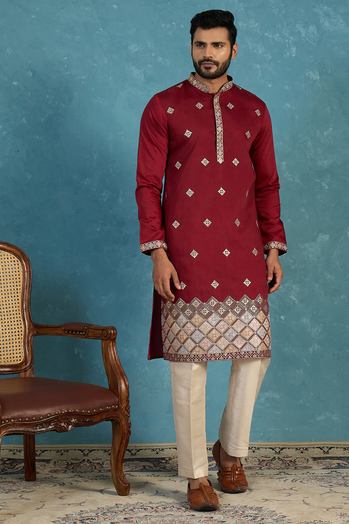 Silk Blend Maroon Solid Embroidered Calf Length Straight Kurta MKU2100