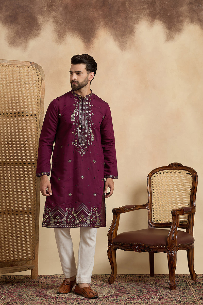 Purple Silk Blend Solid Embroidered Zari Kurta With Trouser MKSET2442