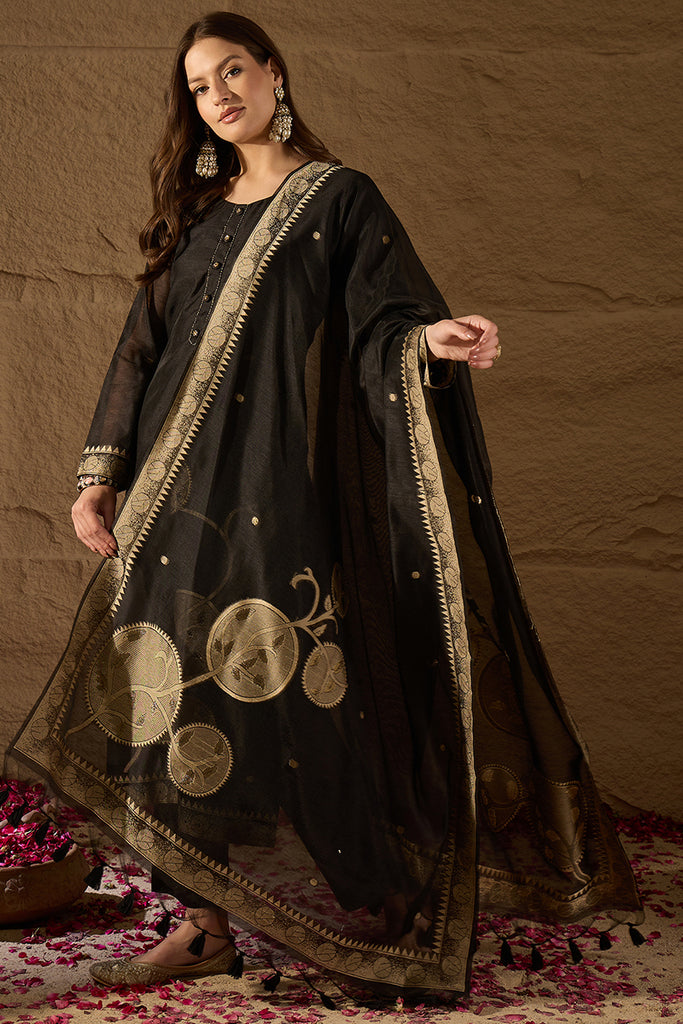 Black Chanderi Solid Woven Design Straight Kurta Trousers With Dupatta SKSKD3069