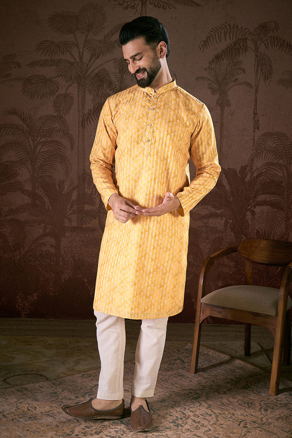 Yellow Silk Blend Ethnic Motifs Printed Straight Kurta With Trouser MKSET1949