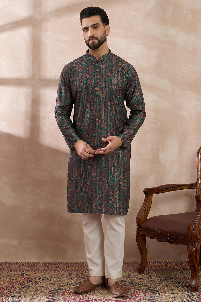 Green Silk Blend Printed Mandarin Collar Straight Kurta MKU2050