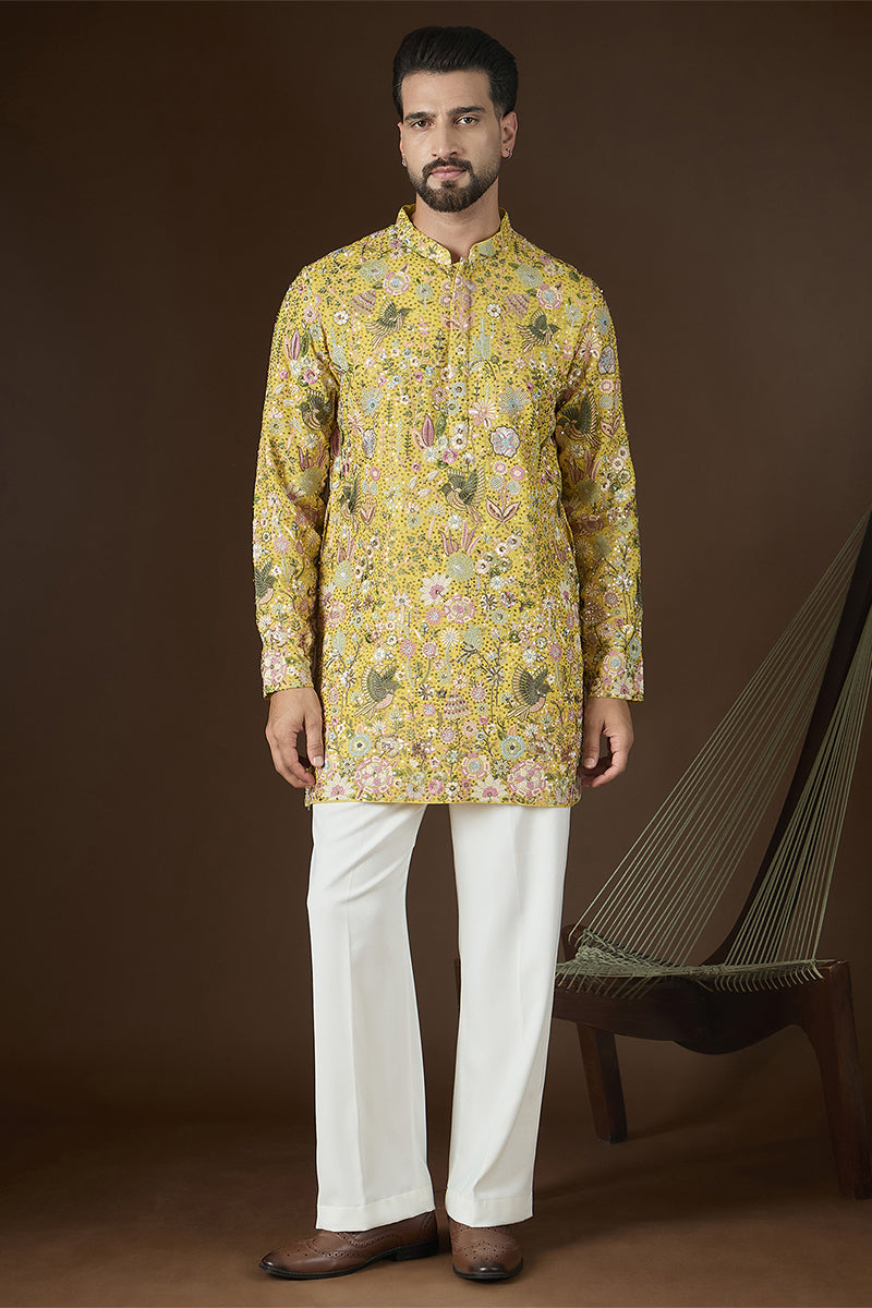 Yellow Georgette Solid Embroidered Kurta With Trouser MKSET2714