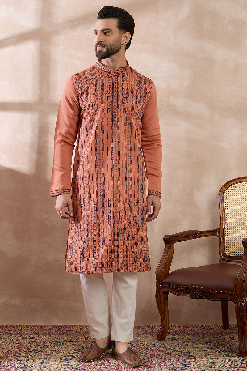 Orange Silk Blend Embroidered Mandarin Collar Straight Kurta With Trouser MKSET2043