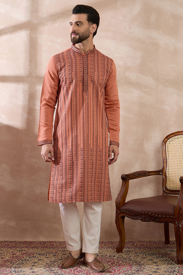Orange Silk Blend Embroidered Mandarin Collar Straight Kurta With Trouser MKSET2043