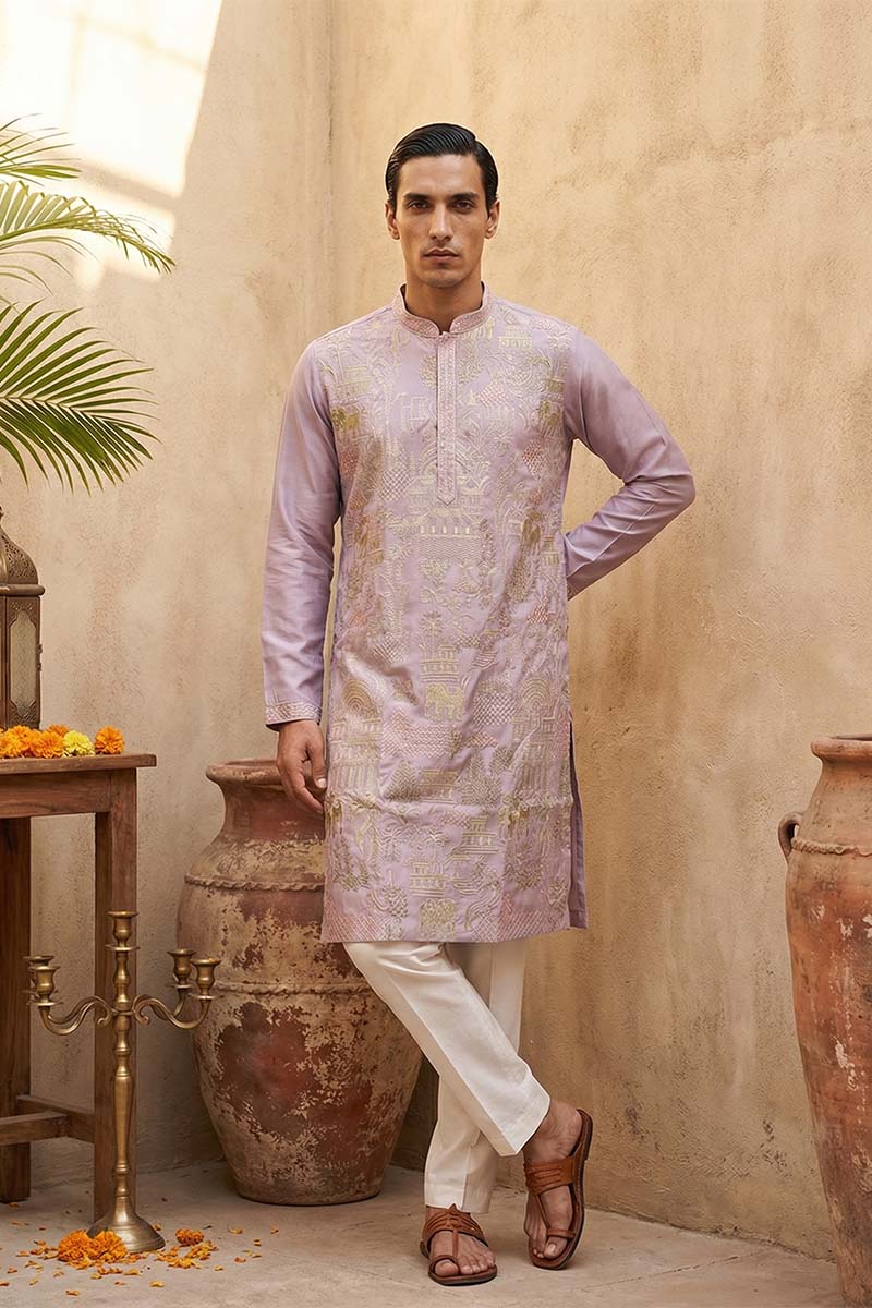 Lavender Silk Blend Embroidered Straight Kurta MKU2106