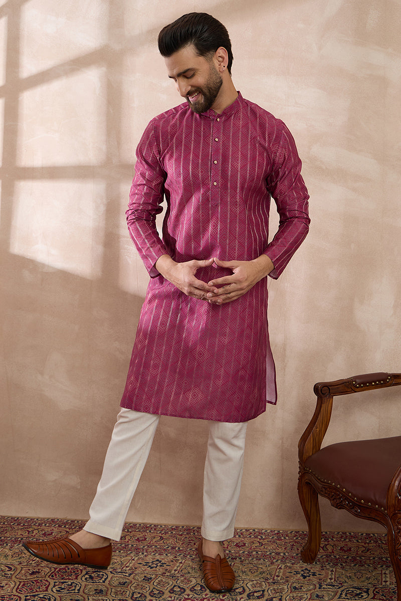 Pink Silk Blend Printed Mandarin Collar Straight Kurta MKU2114