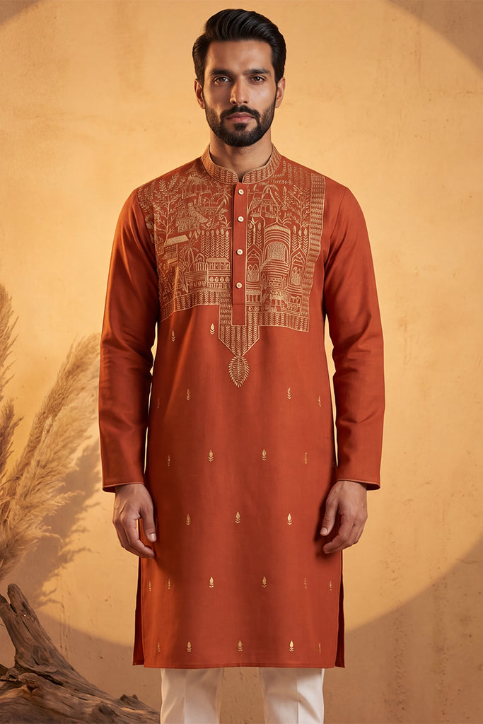 Orange Silk Blend Solid Emboidered Straight Kurta MKU2372
