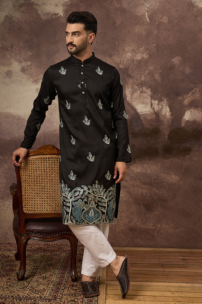 Black Silk Blend Solid Embroidered Straight Kurta with Trouser MKSET1348