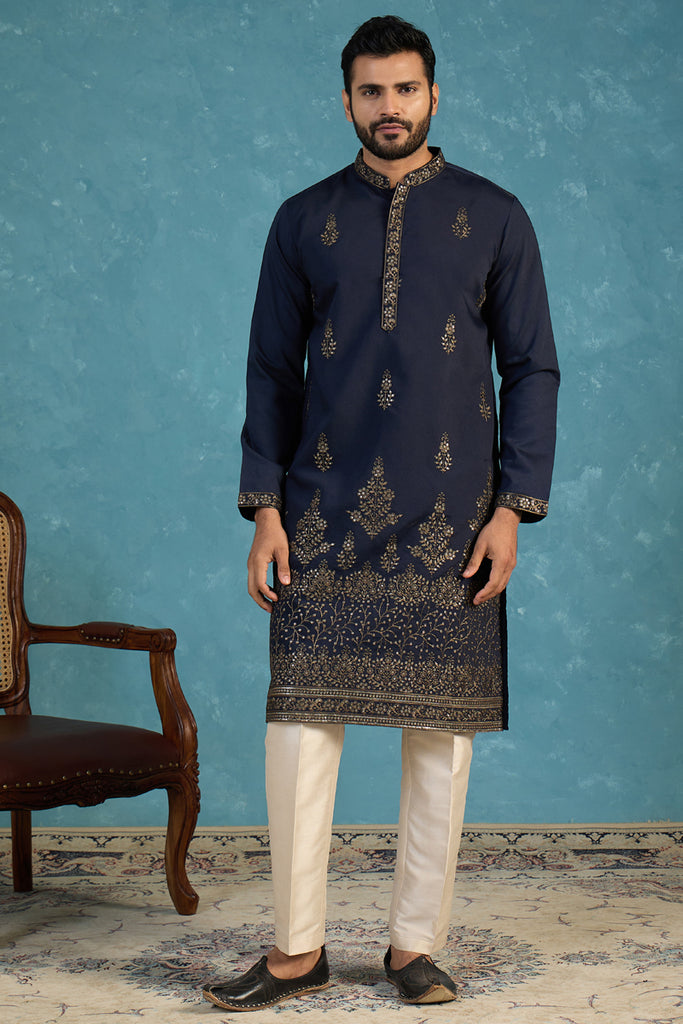 Blue Silk Blend Embroidered Straight Kurta Sets MKSET2122