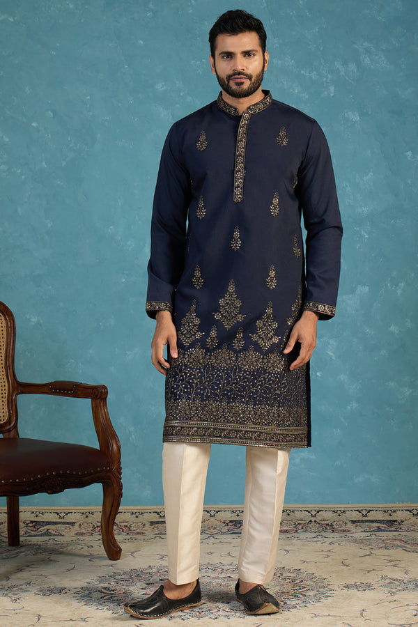 Blue Silk Blend Embroidered Straight Kurta Sets MKSET2122