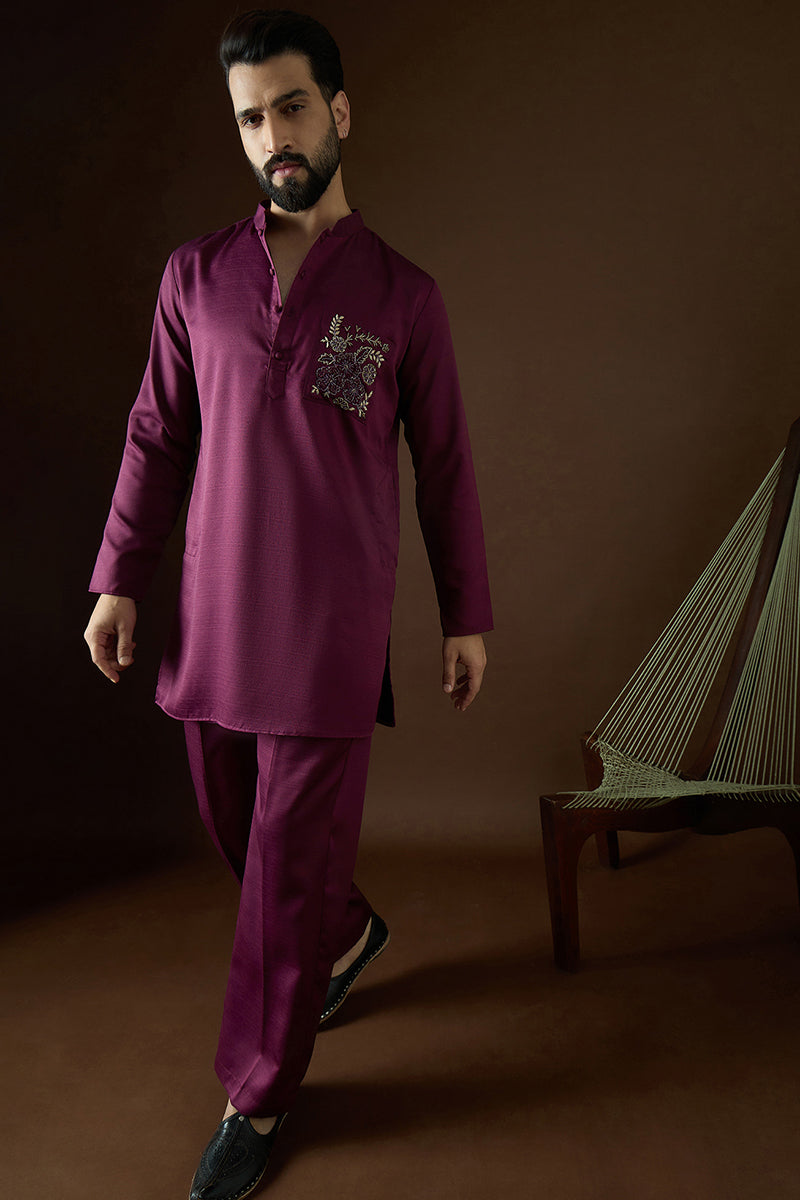 Purple Silk Blend Solid Embroidered Kurta With Trouser MKSET2056