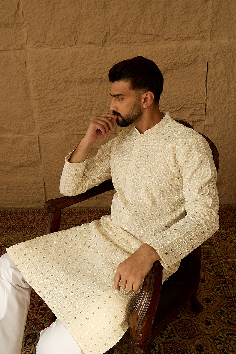 Off White Cotton Solid Printed Straight Kurta MKU1701