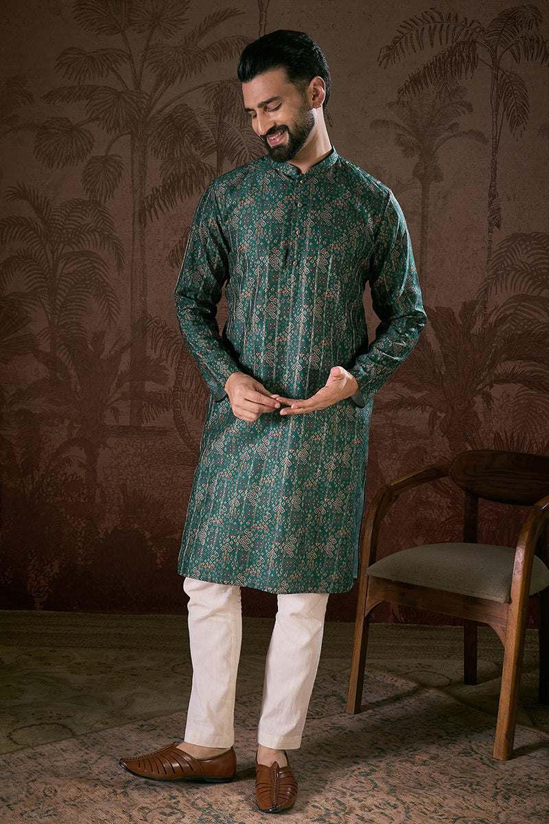 Sea Green Silk Blend Ethnic Motifs Printed Straight Kurta With Trouser MKSET1927