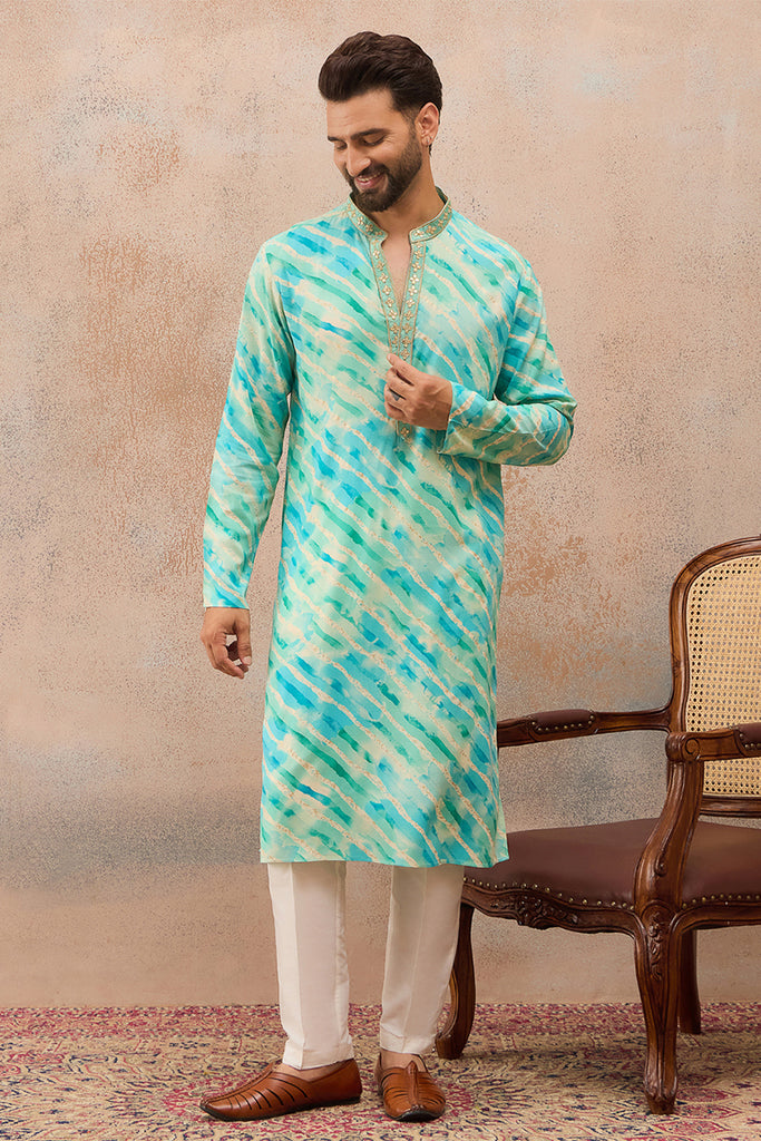 Turquoise Blue Viscose Rayon Leheriya Printed Kurta MKU2761