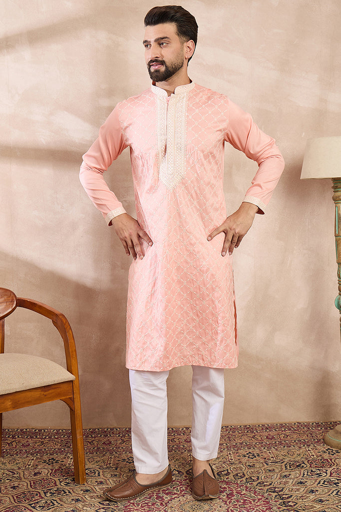 Pink Silk Blend Ethnic Motifs Embroidered Straight Kurta With Trouser MKSET1692