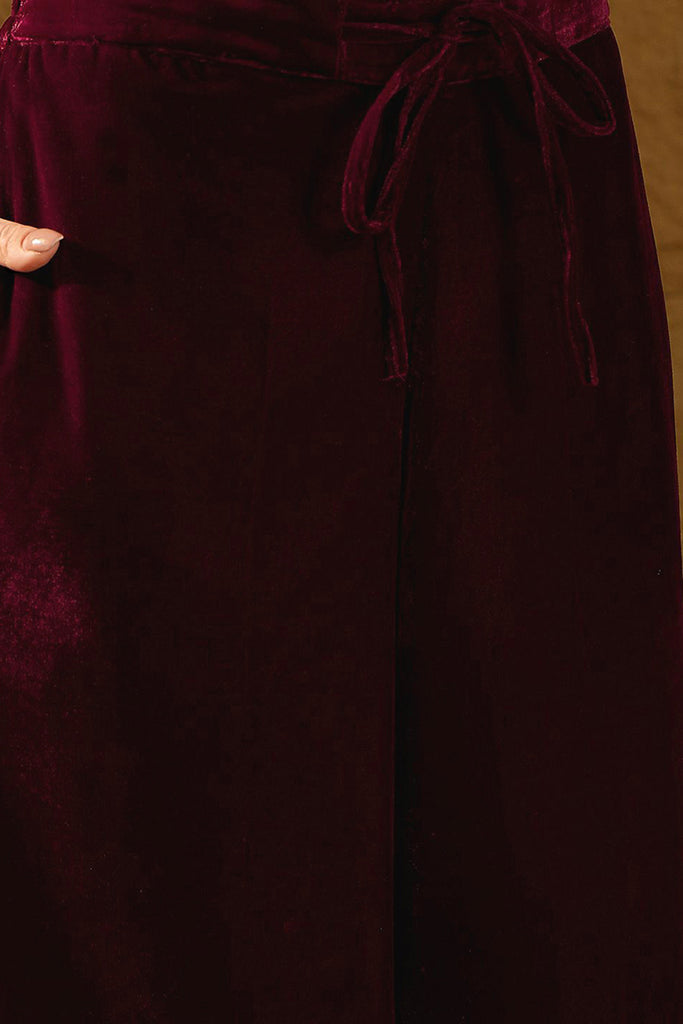 Purple Velvet Solid Embroidered Straight Palazzo Suit Set PKSKD2273