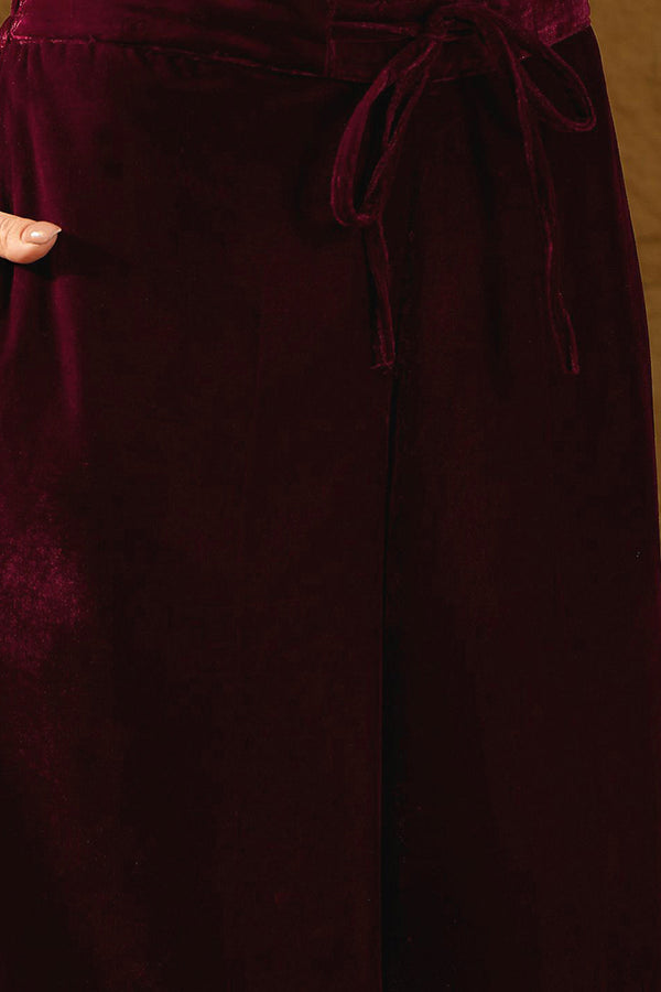 Purple Velvet Solid Embroidered Straight Palazzo Suit Set PKSKD2273