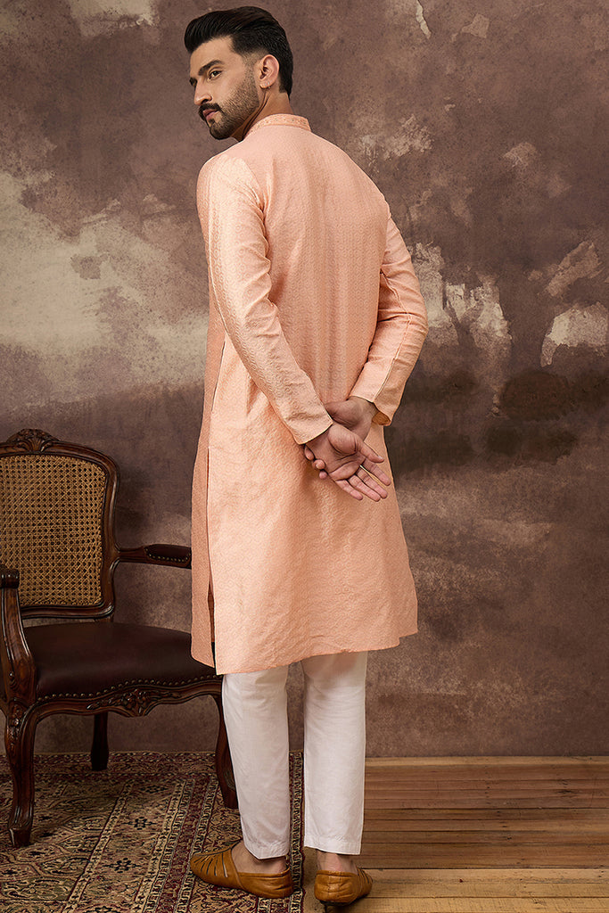 Peach Silk Blend Solid Woven Design Straight Kurta MKU1322