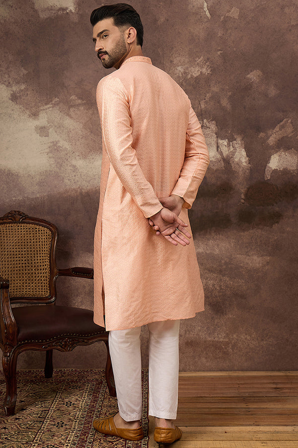 Peach Silk Blend Solid Woven Design Straight Kurta MKU1322