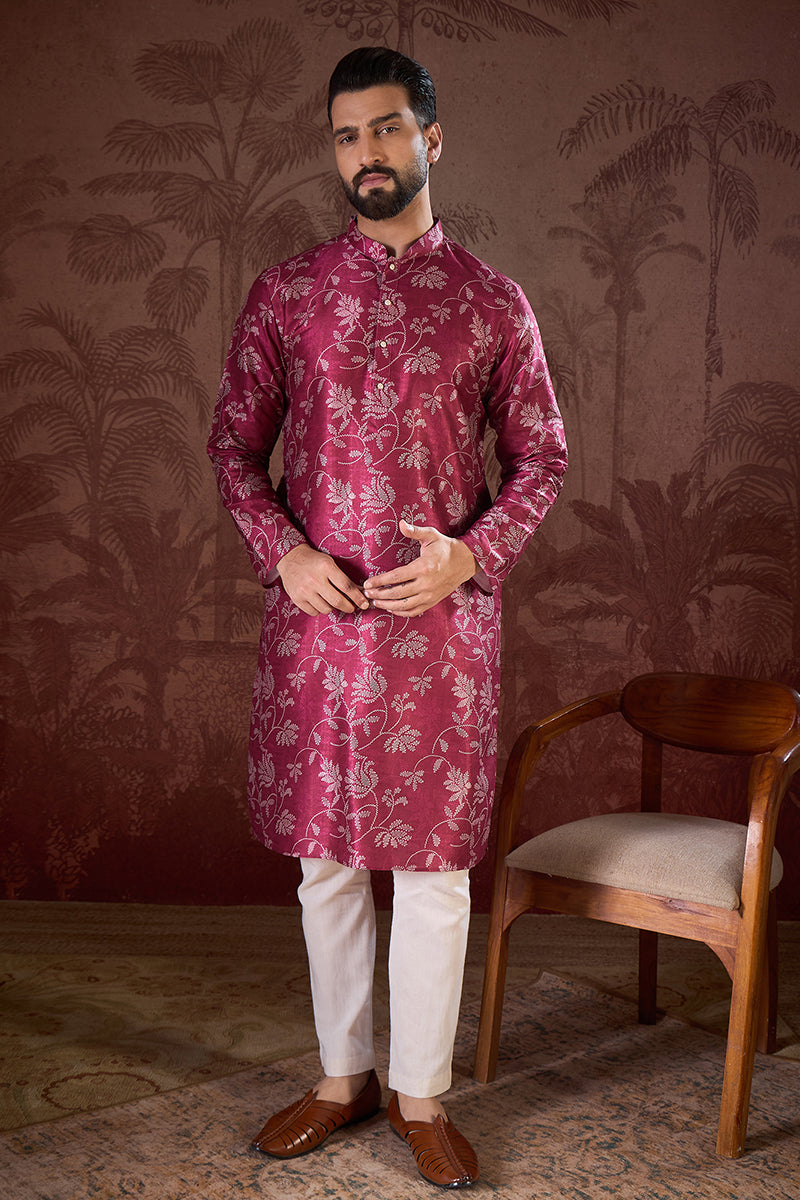 Red Silk Blend Floral Printed Straight Kurta With Trouser MKSET1975
