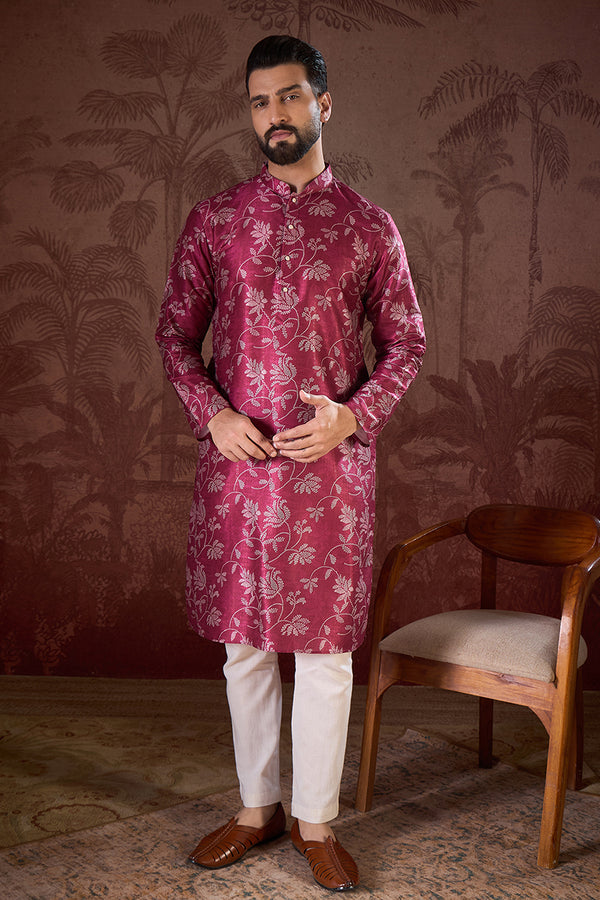 Red Silk Blend Floral Printed Straight Kurta With Trouser MKSET1975