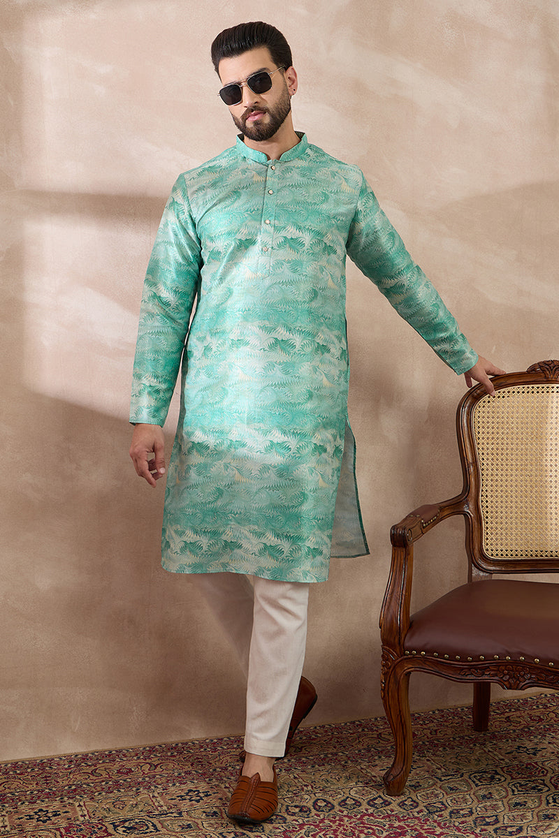 Green Silk Blend Printed Mandarin Collar Straight Kurta With Trouser MKSET2022