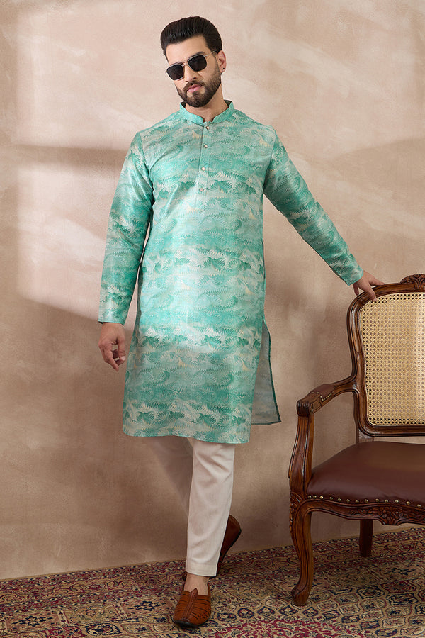 Green Silk Blend Printed Mandarin Collar Straight Kurta With Trouser MKSET2022