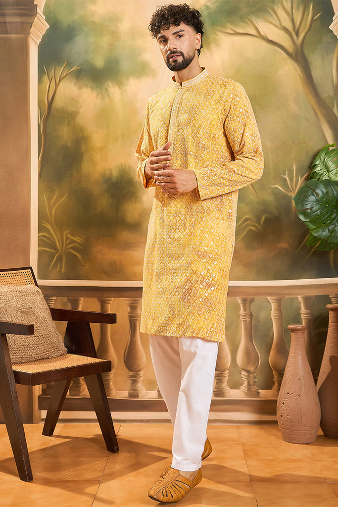Yellow Viscose Rayon Shibori Embroidered Straight Kurta with Trouser MKSET1483