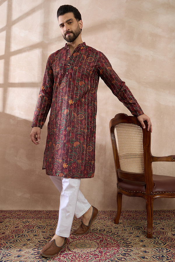 Maroon Silk Blend Printed Mandarin Collar Straight Kurta MKU2024