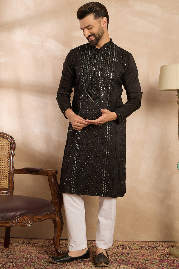 Black Silk Blend Geometric Embroidered Straight Kurta With Trouser MKSET1689