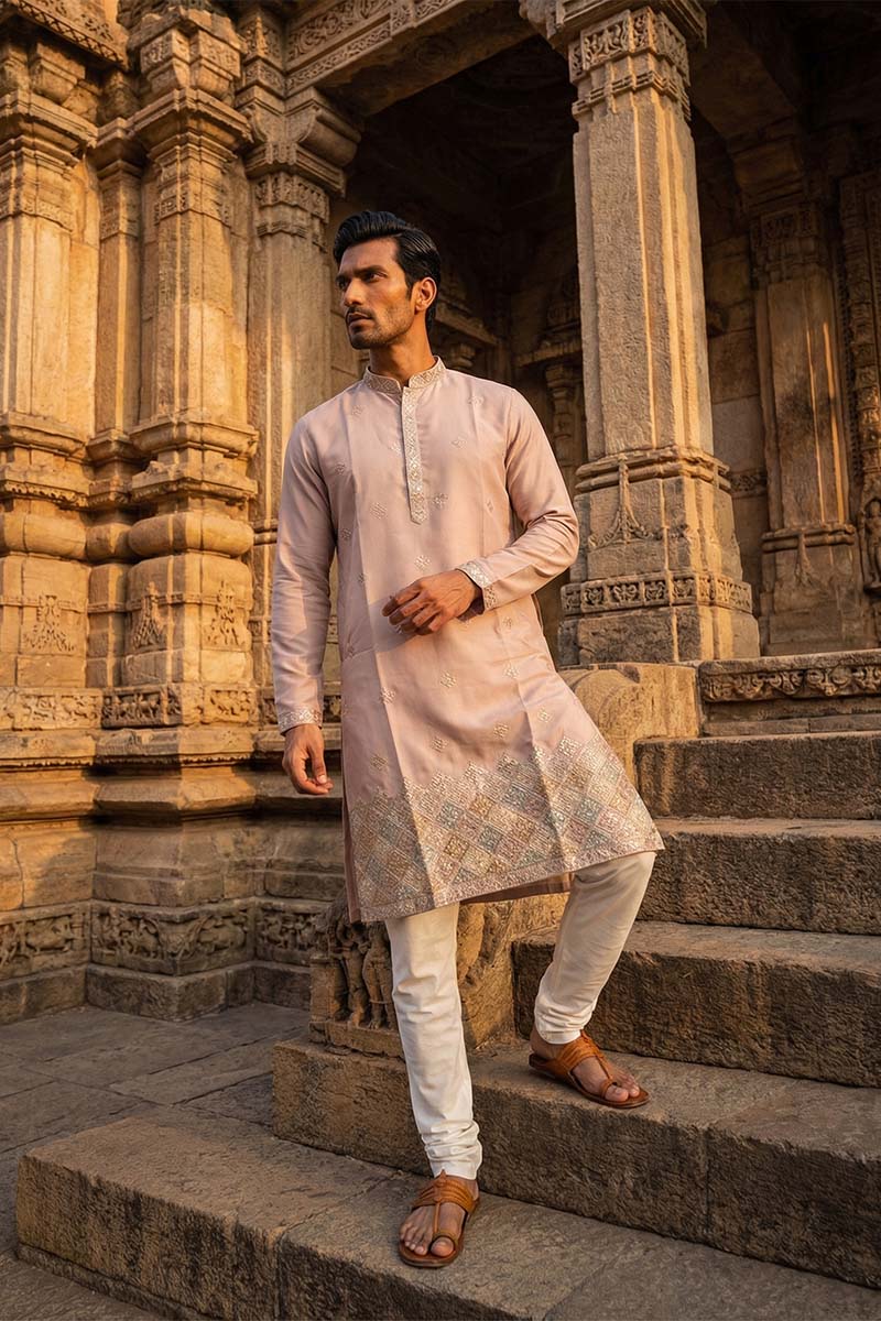 Lavender Silk Blend Embroidered Straight Kurta With Trousers MKSET2094
