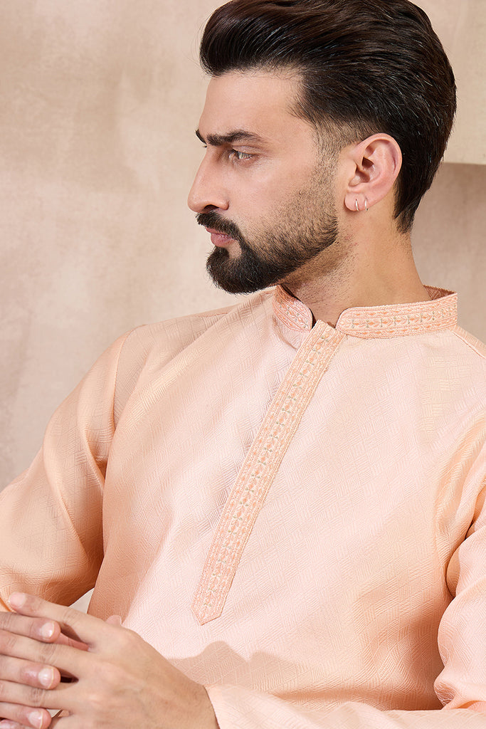 Peach Silk Blend Solid Embroidered Straight Kurta With Trouser MKSET1739