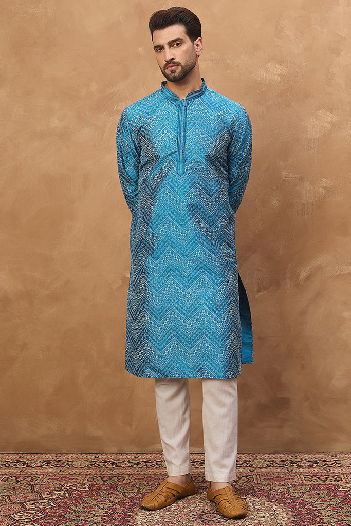Blue Silk Blend Geometric Printed Straight Kurta With Pant Set MKSET1531