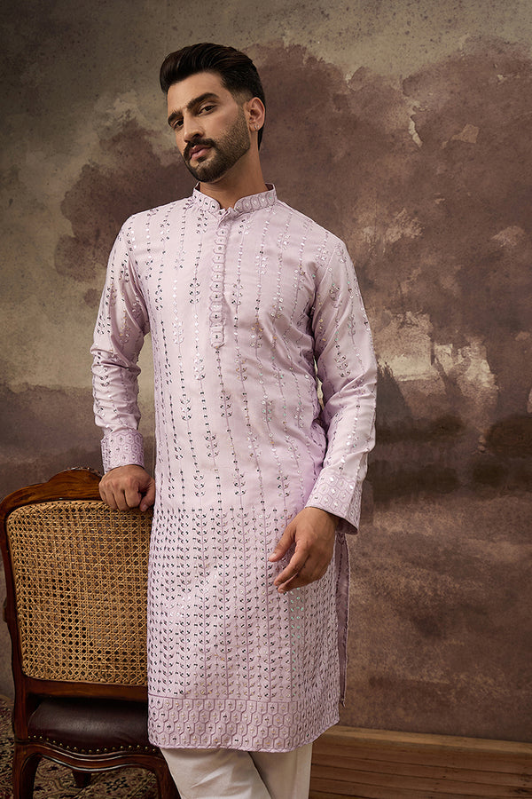 Lavender Silk Blend Solid Embroidered Straight Kurta With Pant Set MKSET1359