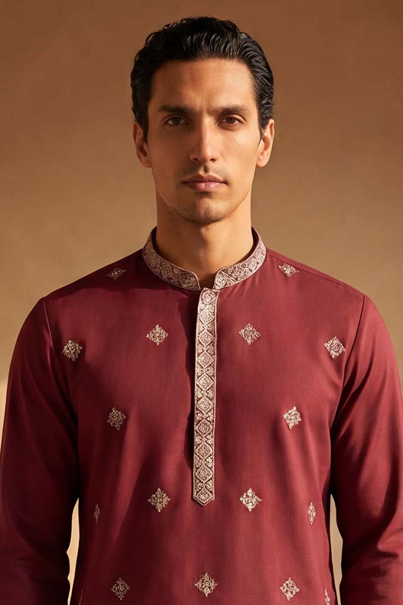 Silk Blend Maroon Solid Embroidered Calf Length Straight Kurta MKU2100